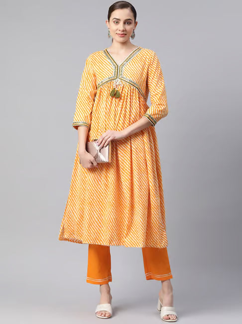 Orange striped kurta pant set