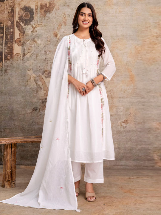Anarkali mul cotton white kurta set with dupatta