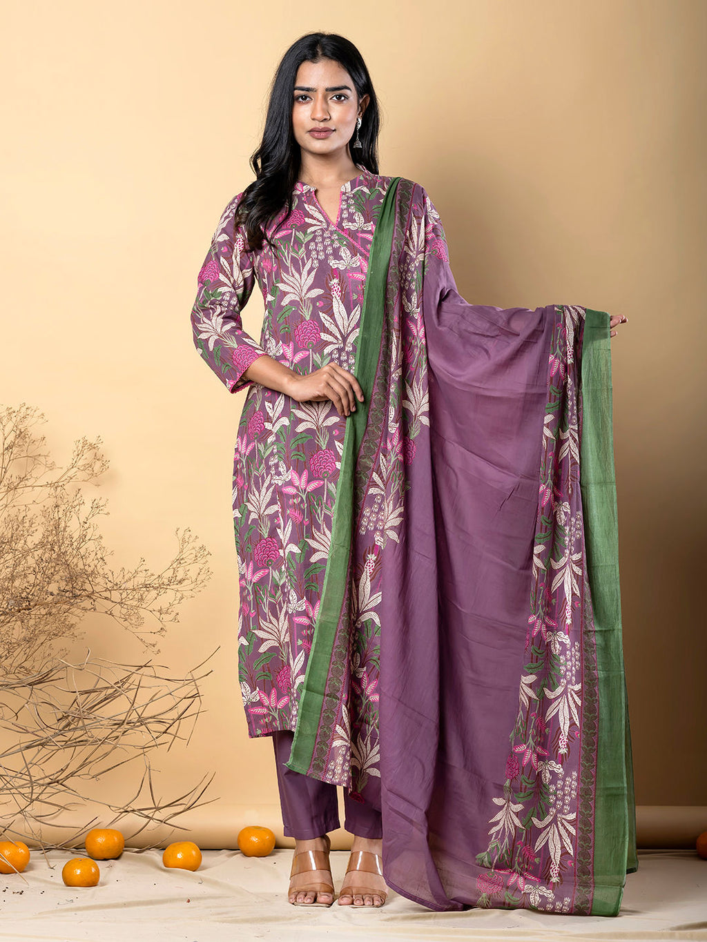 Angrakha style cotton purple kurta set with dupatta