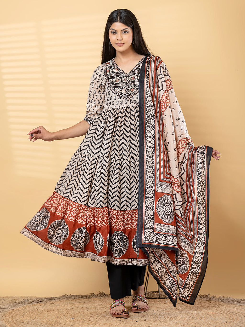 Anarkali cotton kurta with dupatta (Black and White)