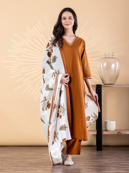Straight style cotton kurta with dupatta (Brown)