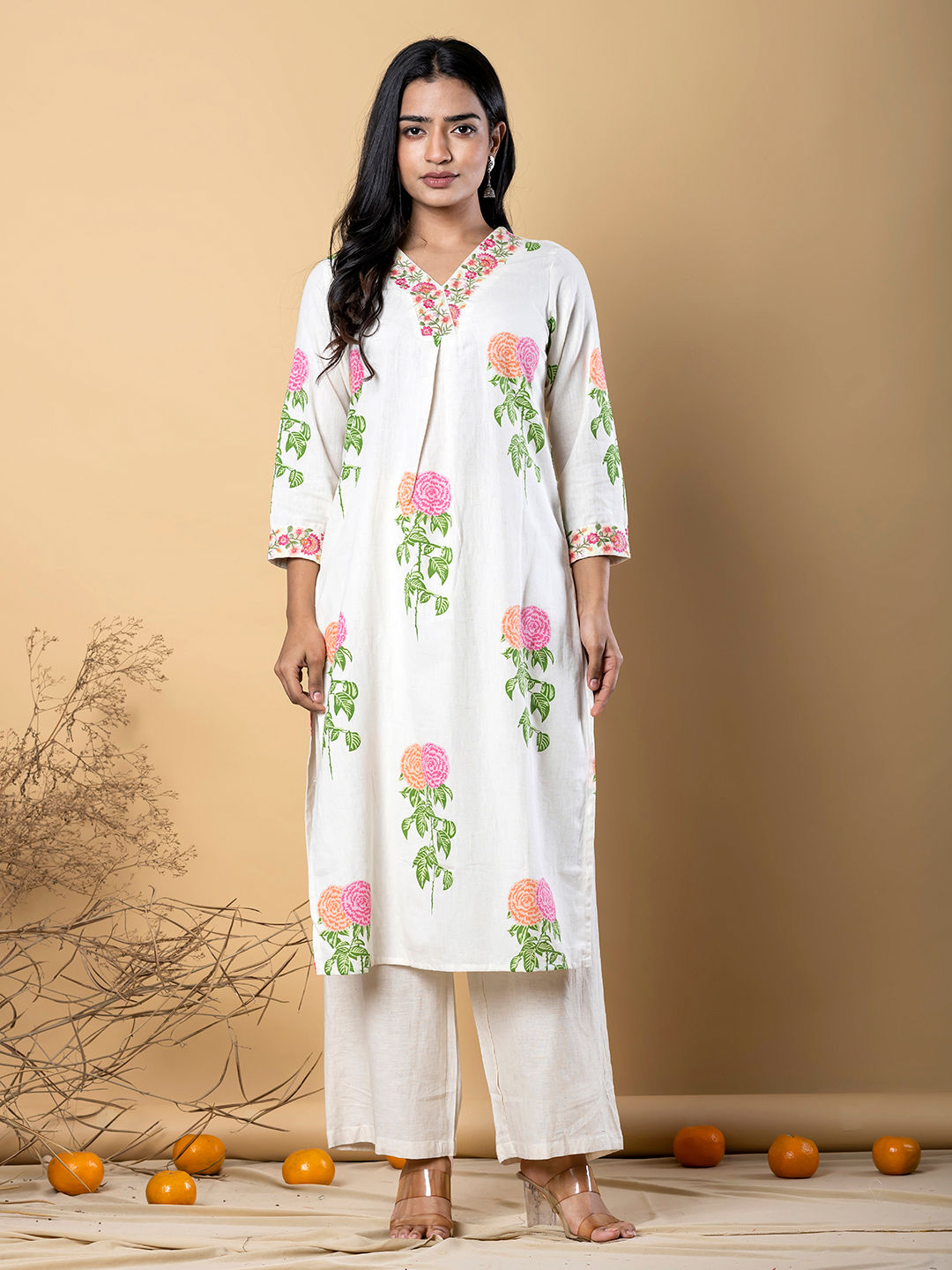 Off White Floral Kurta Set