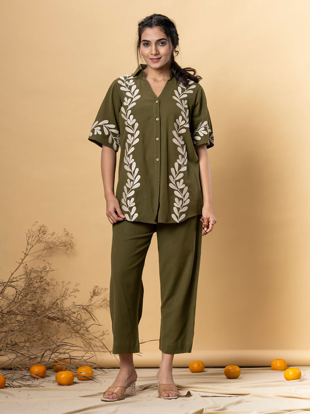 Shirt style cotton flex olive color co-ord set