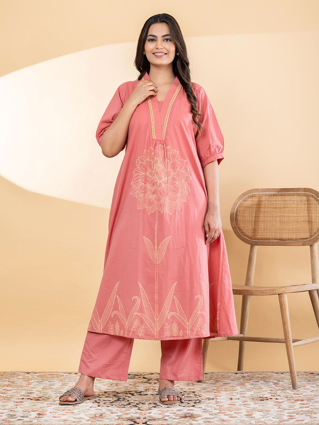 A line style cotton pink kurta set