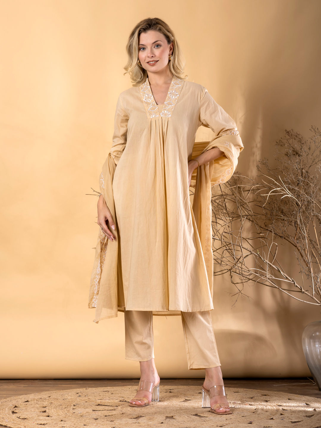 Anarkali cotton kurta with dupatta (Beige)