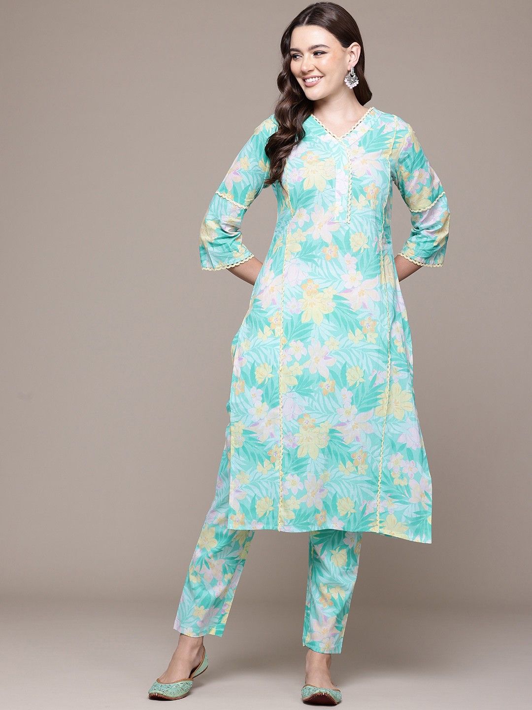 Straight style cotton sea green kurta set