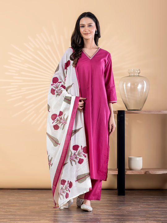Straight style cotton kurta with dupatta (magenta)