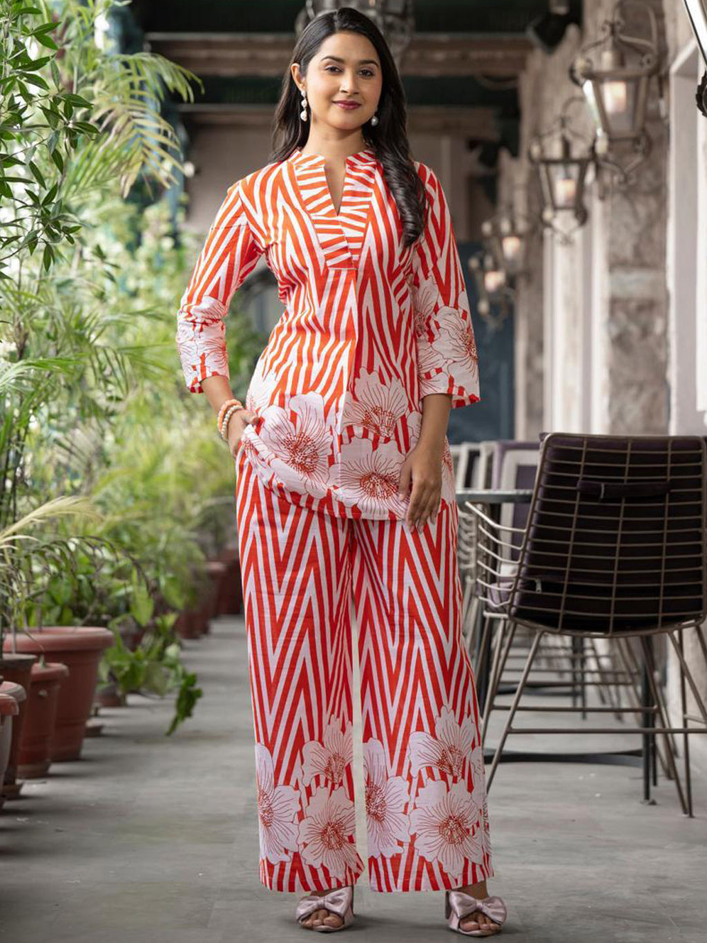 Curved style cotton red co-ord set