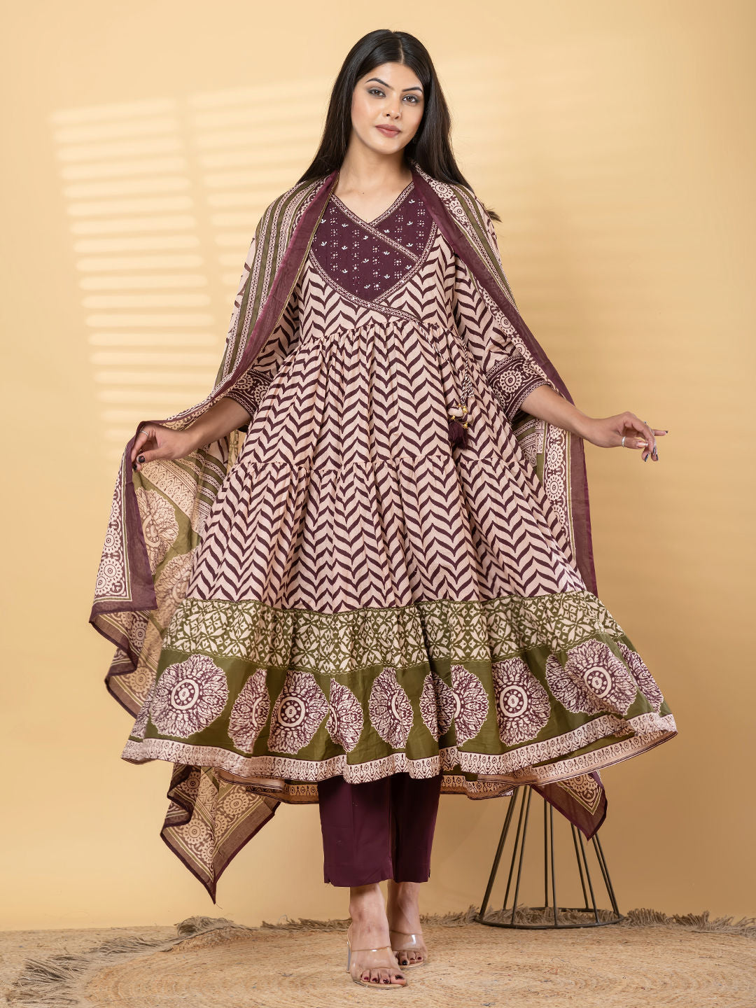 Anarkali cotton kurta with dupatta (Maroon)