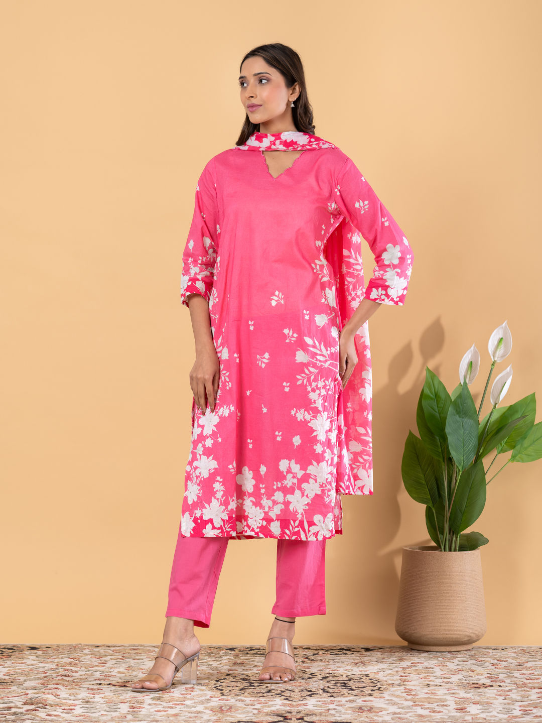 Straight style cotton pink kurta set with dupatta