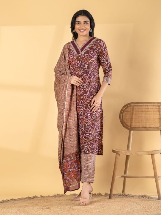 Straight style cotton maroon kurta with dupatta