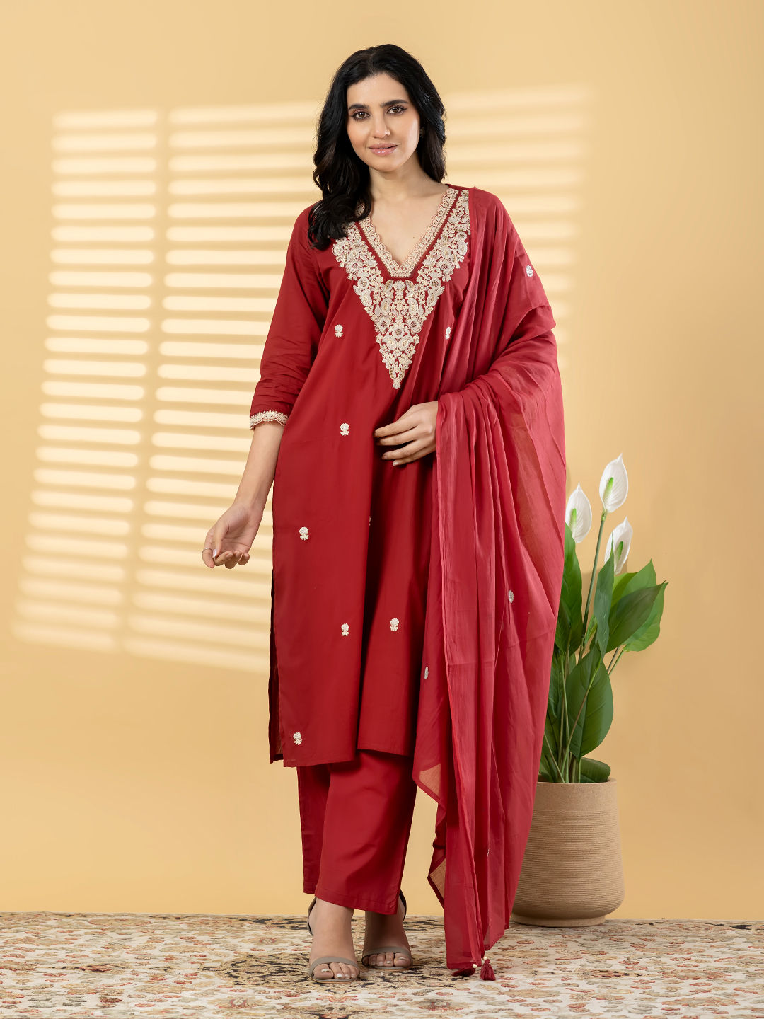 Straight style maroon kurta set with Dupatta