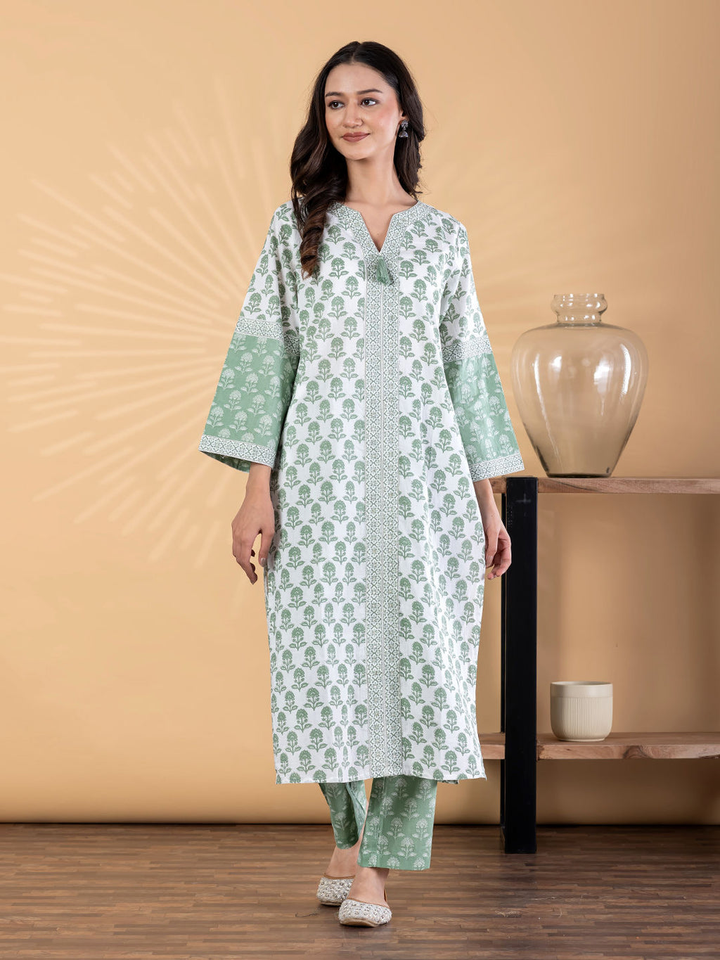 Straight style poly cotton green kurta set