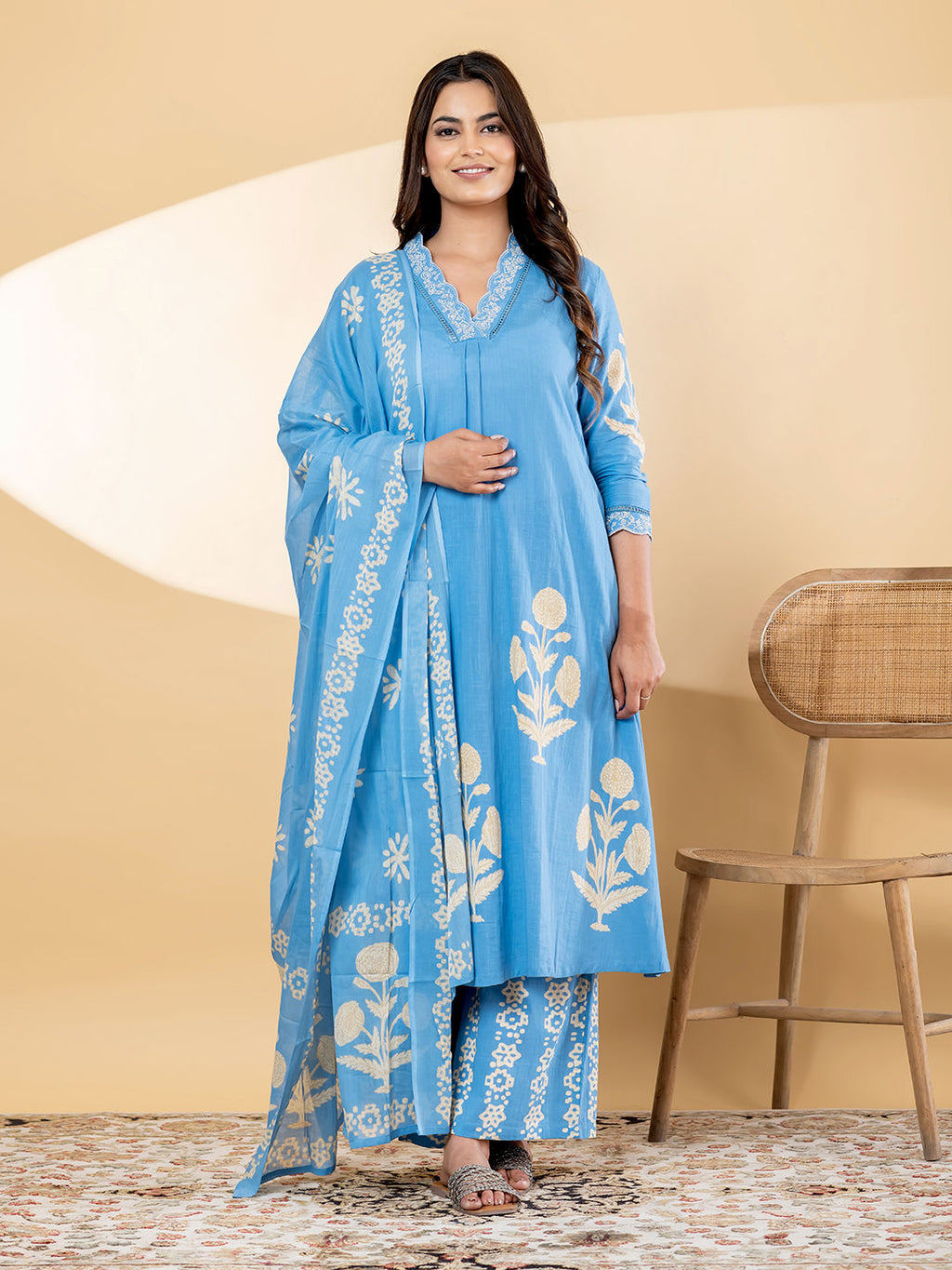 Straight style blue kurta set with dupatta