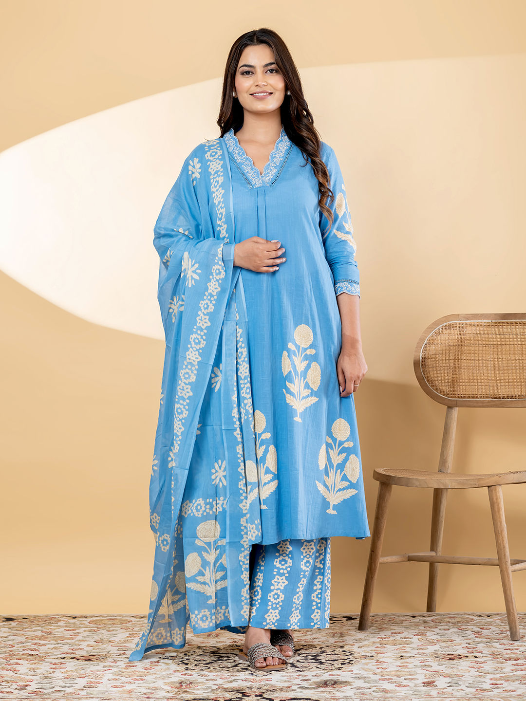 Straight style blue kurta set with dupatta