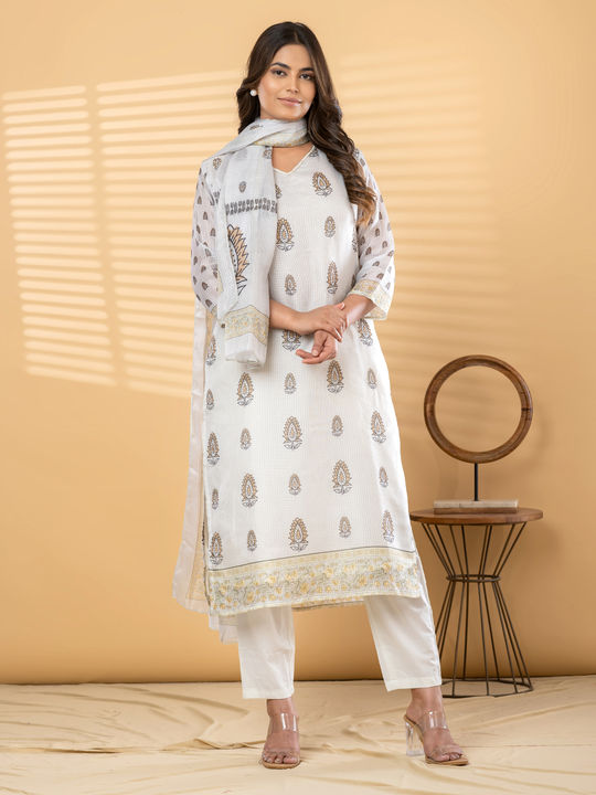 Straight style kota-doria off white kurta set with dupatta