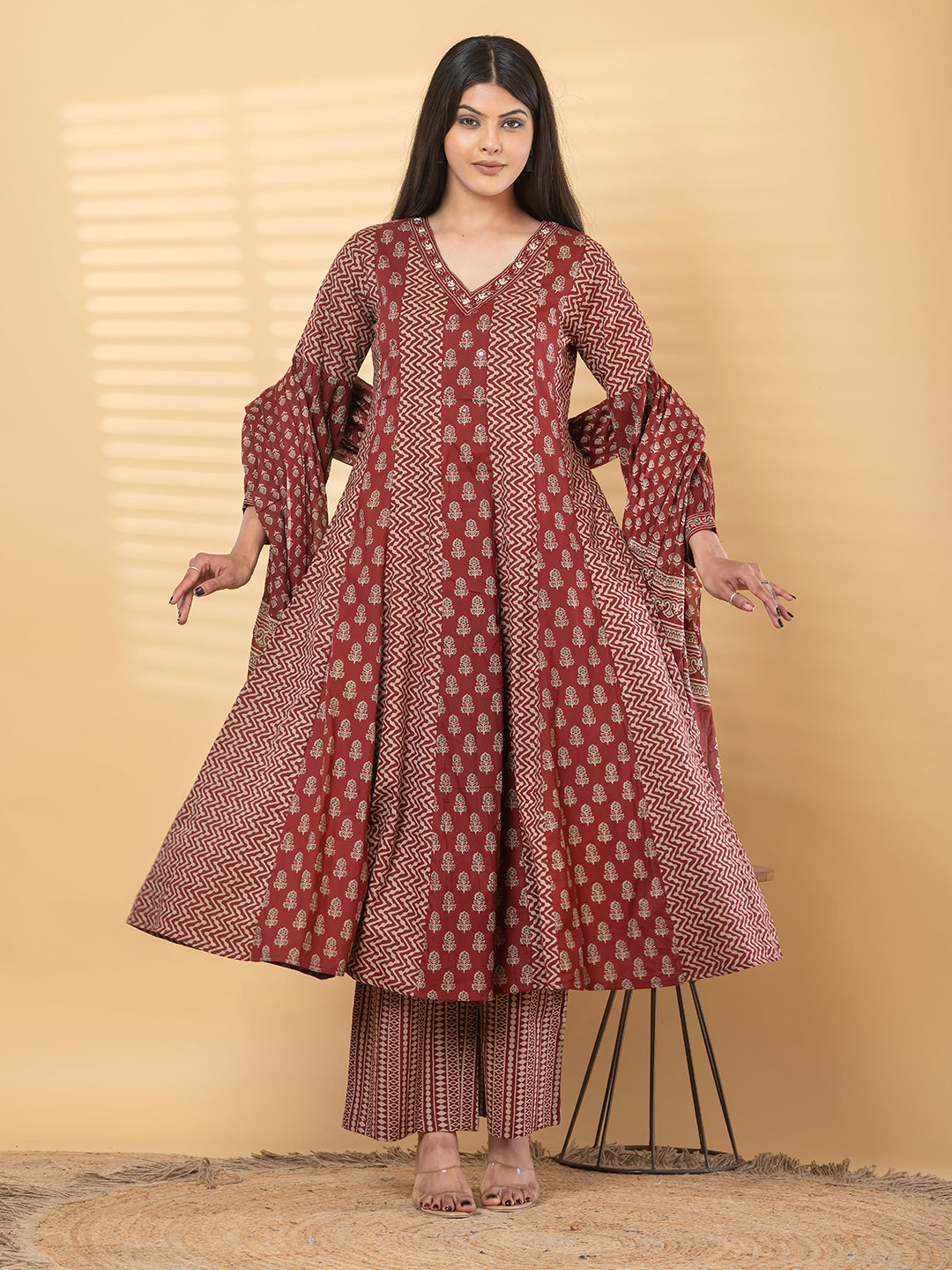 Anarkali cotton kurta with dupatta (Maroon)