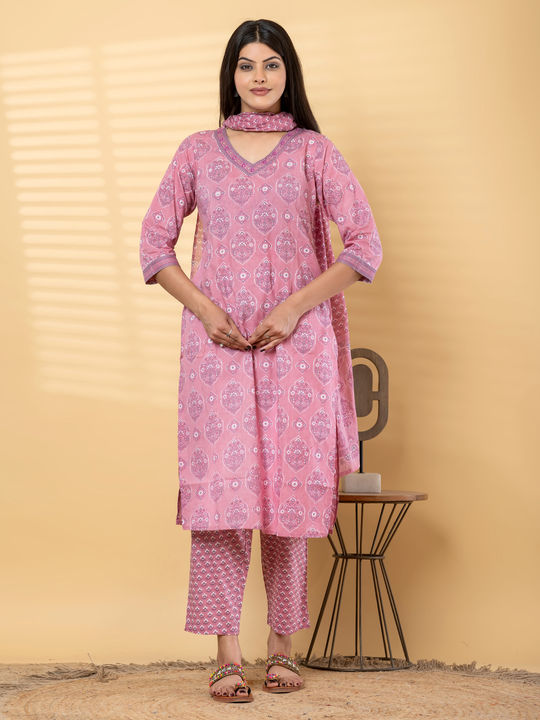 Straight style cotton kurta with dupatta (Pink)