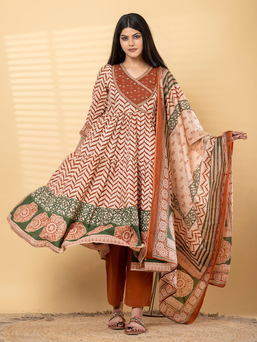 Anarkali cotton kurta with dupatta (Orange)
