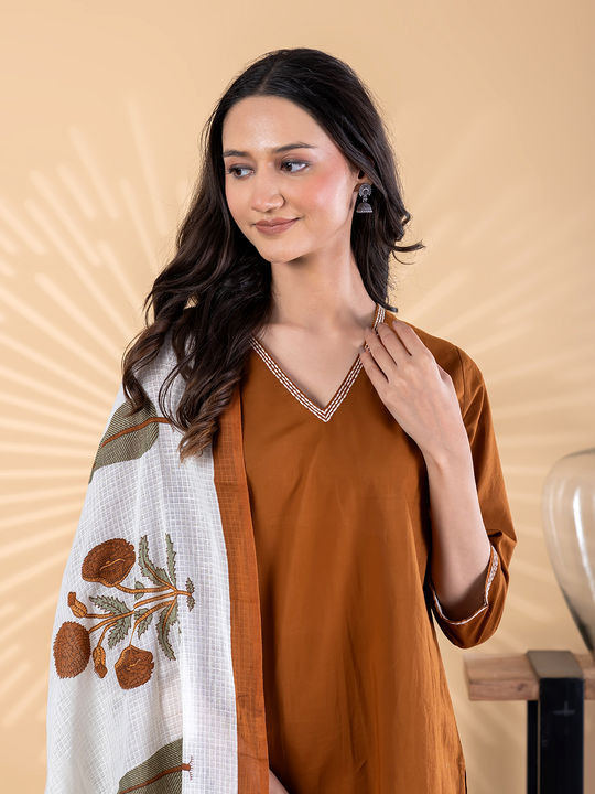 Straight style cotton kurta with dupatta (Brown)