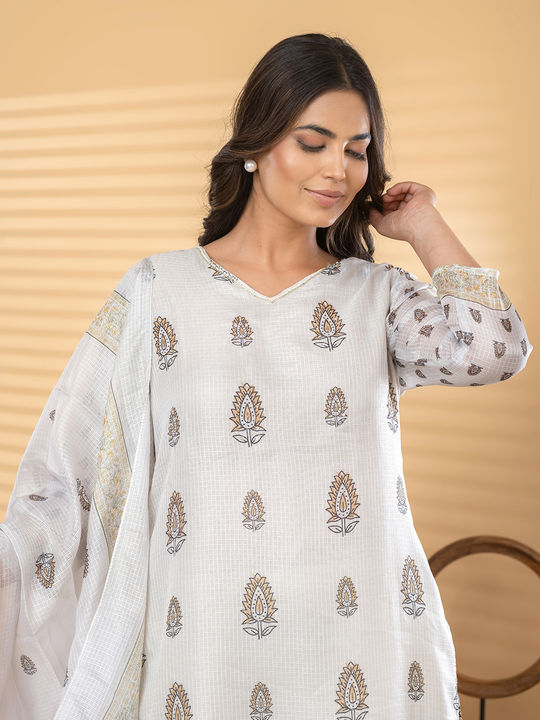 Straight style kota-doria off white kurta set with dupatta