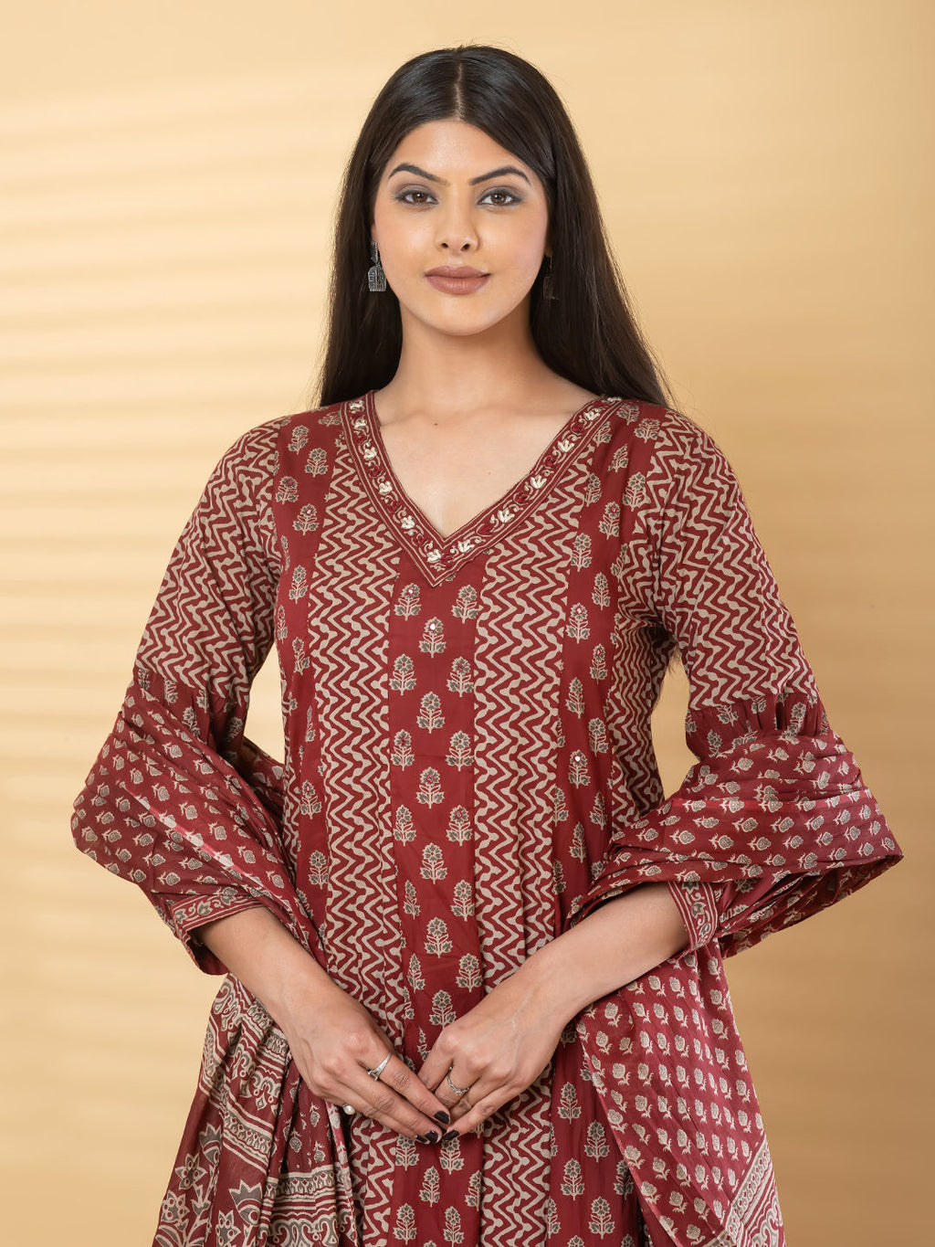 Anarkali cotton kurta with dupatta (Maroon)