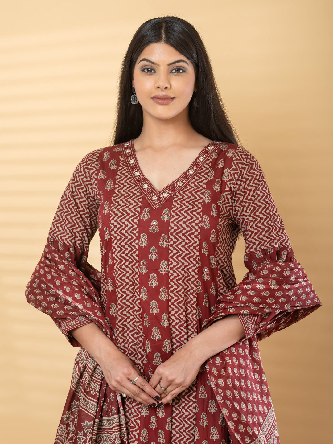 Anarkali cotton kurta with dupatta (Maroon)
