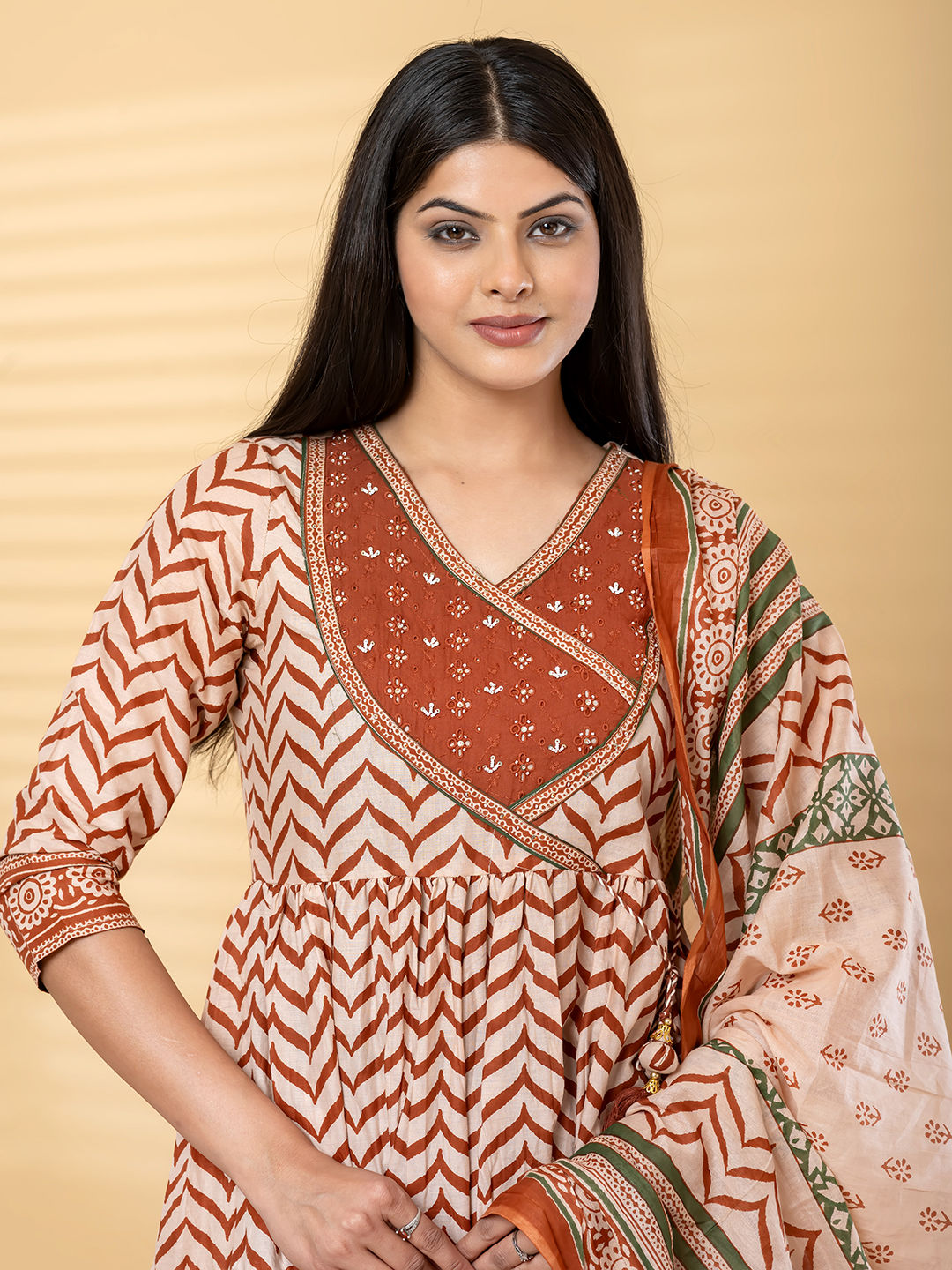 Anarkali cotton kurta with dupatta (Orange)