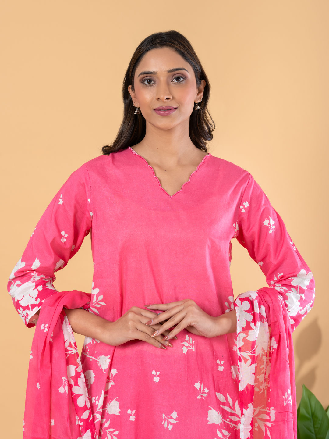 Straight style cotton pink kurta set with dupatta