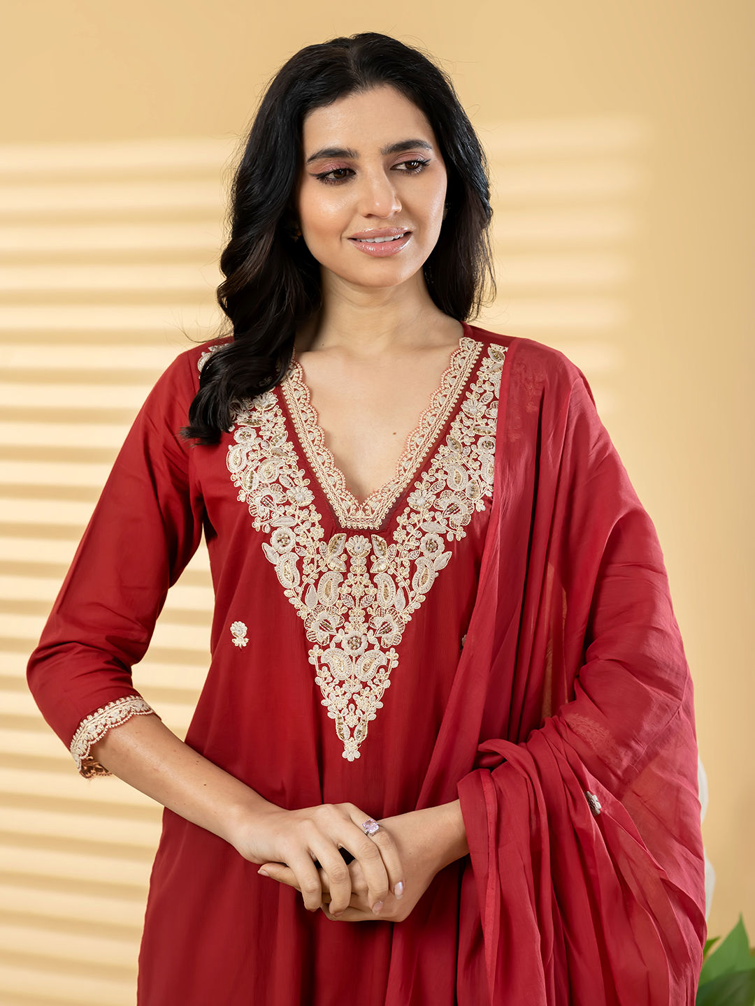 Straight style maroon kurta set with Dupatta