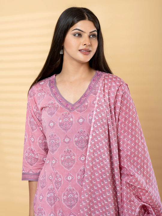 Straight style cotton kurta with dupatta (Pink)