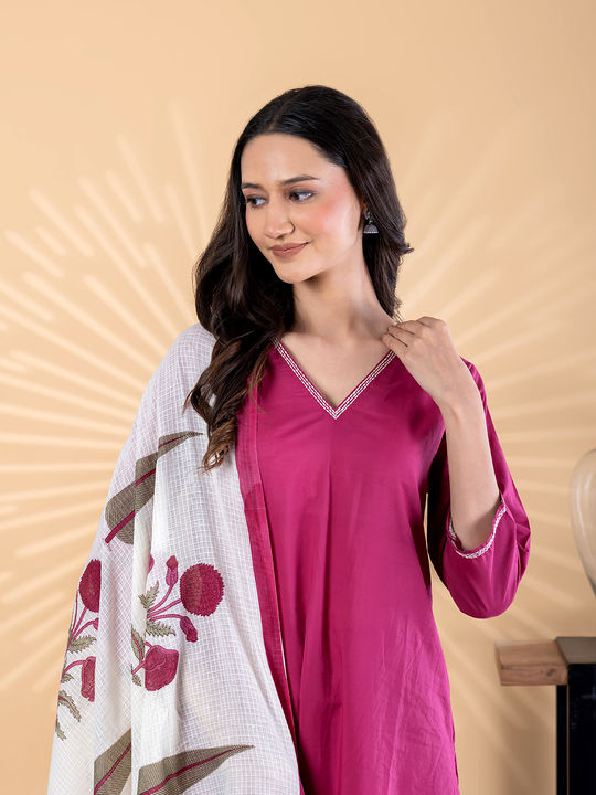 Straight style cotton kurta with dupatta (magenta)