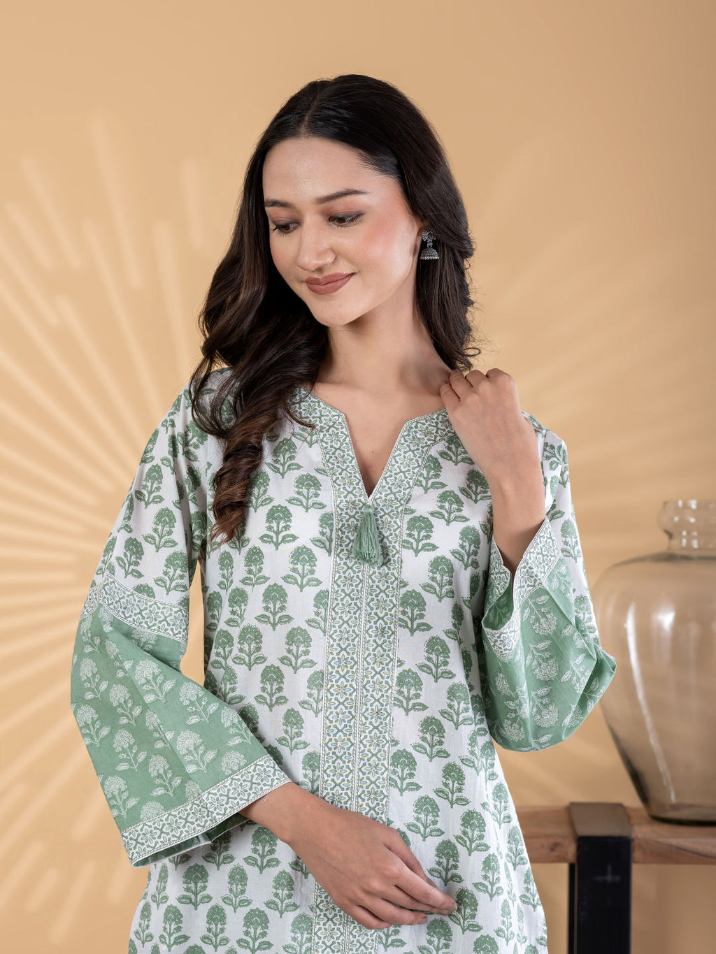 Straight style poly cotton green kurta set