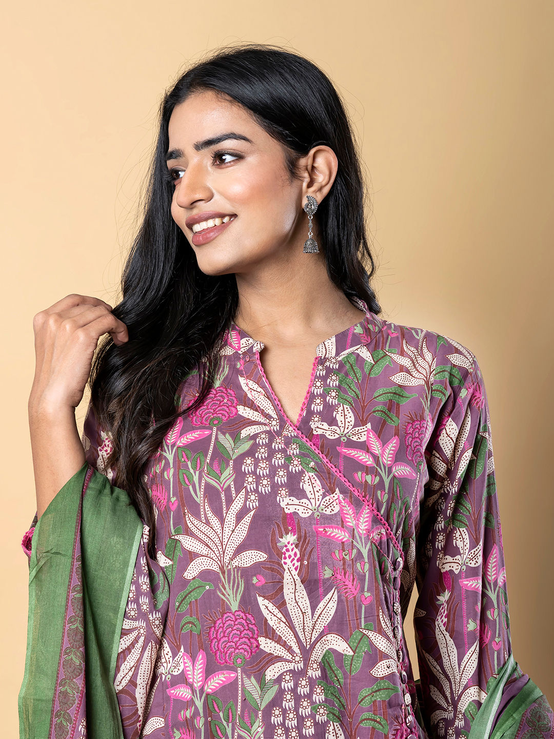 Angrakha style cotton purple kurta set with dupatta