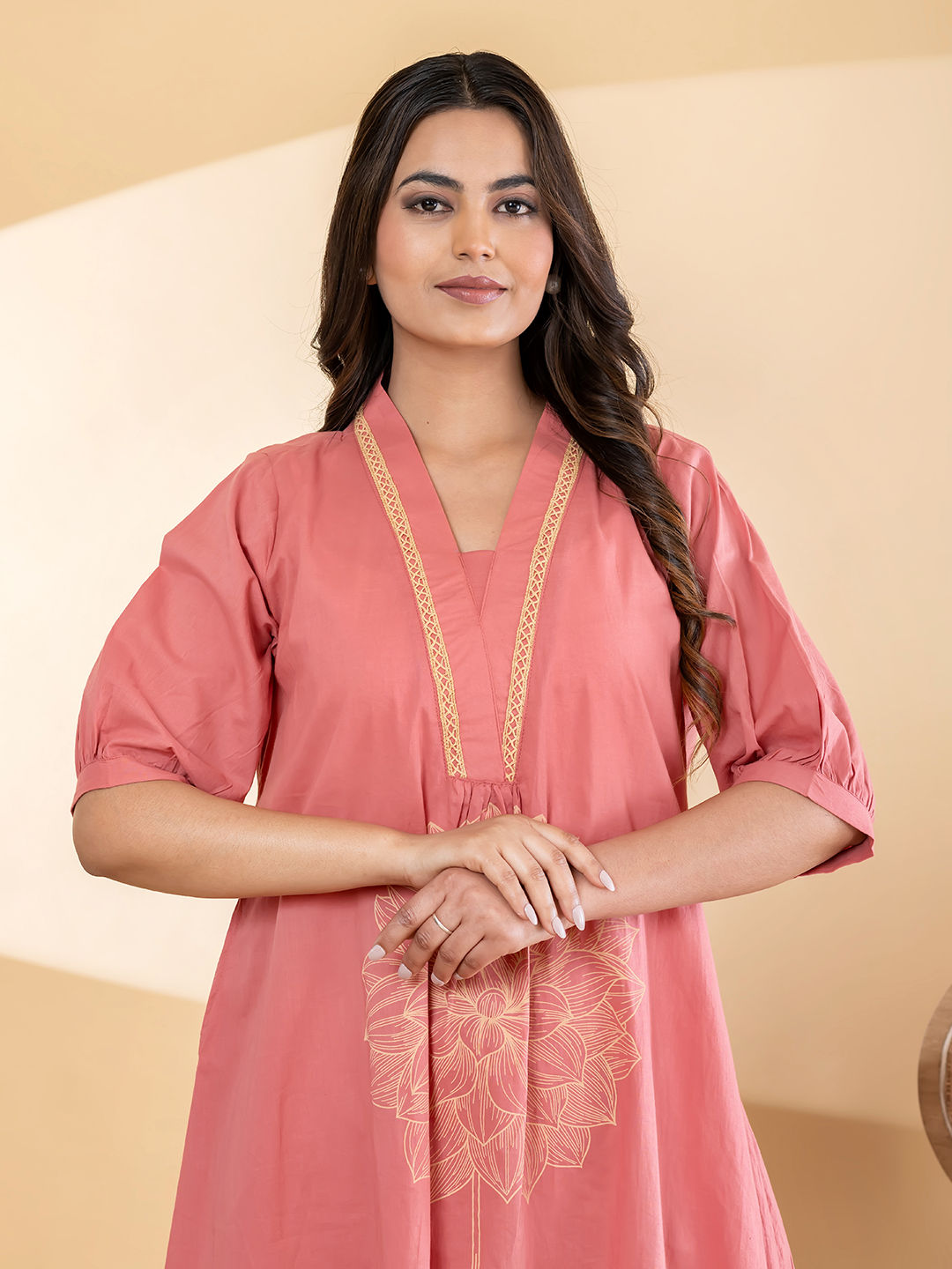 A line style cotton pink kurta set