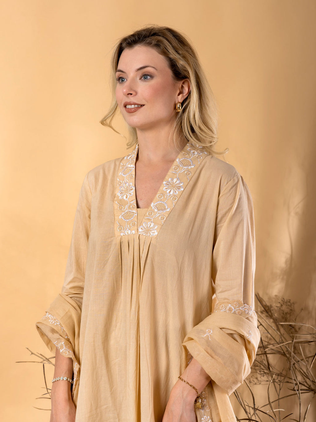 Anarkali cotton kurta with dupatta (Beige)