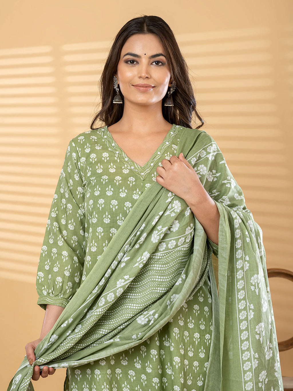 Straight style cotton green kurta set with dupatta
