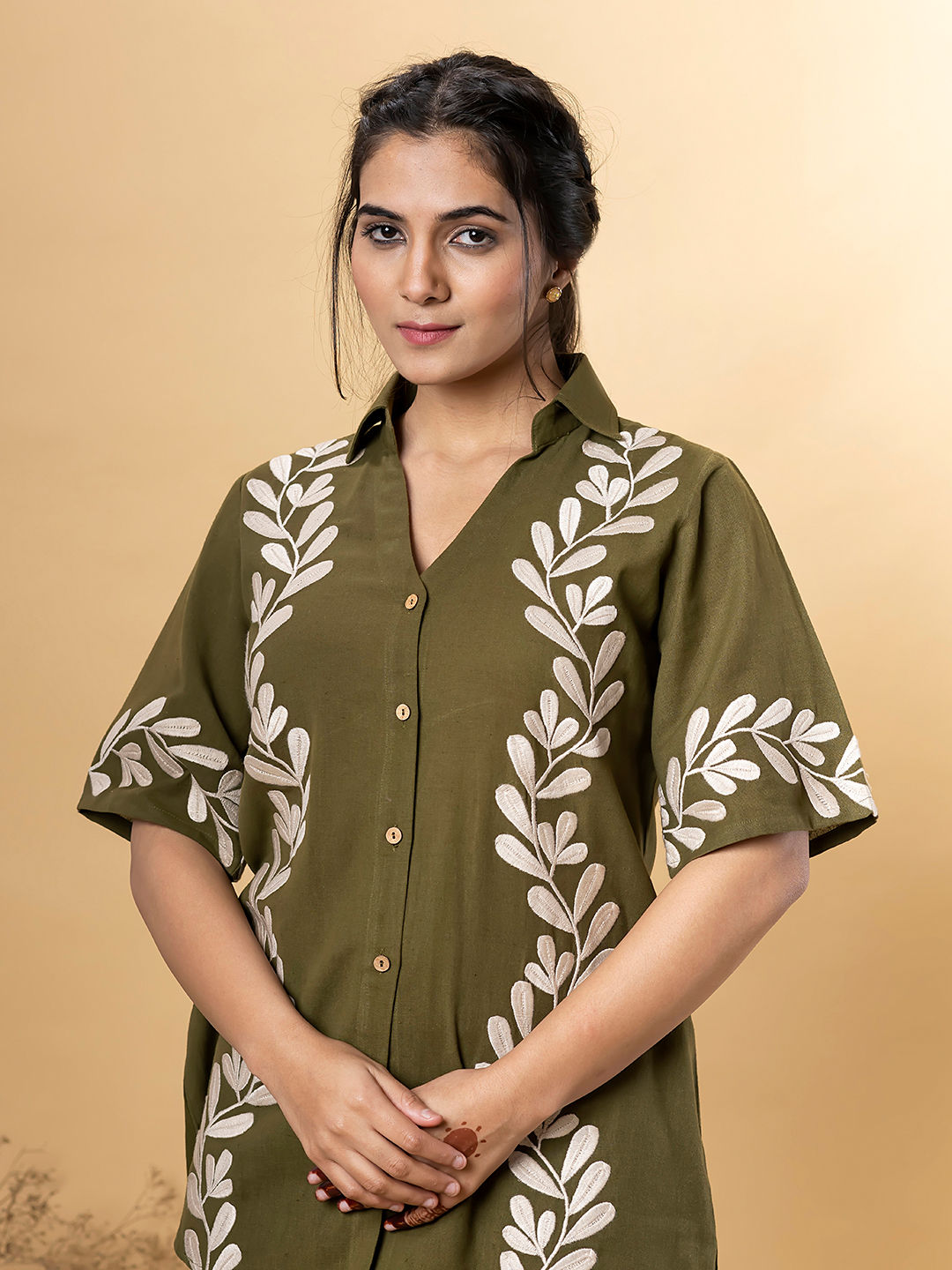 Shirt style cotton flex olive color co-ord set