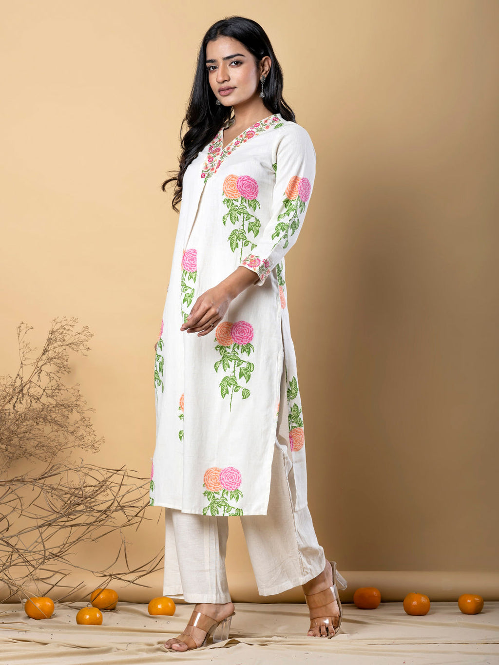 Off White Floral Kurta Set