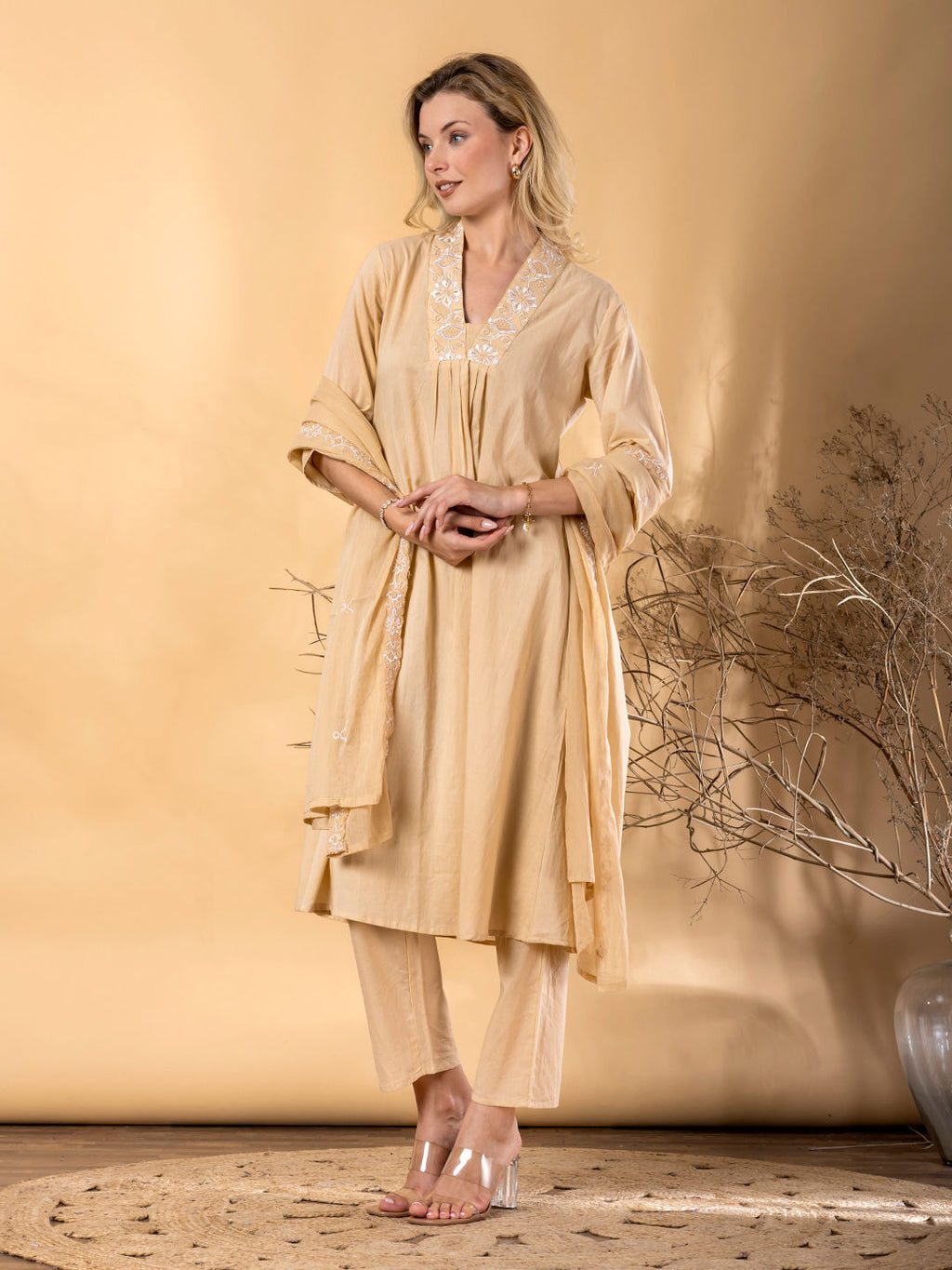 Anarkali cotton kurta with dupatta (Beige)