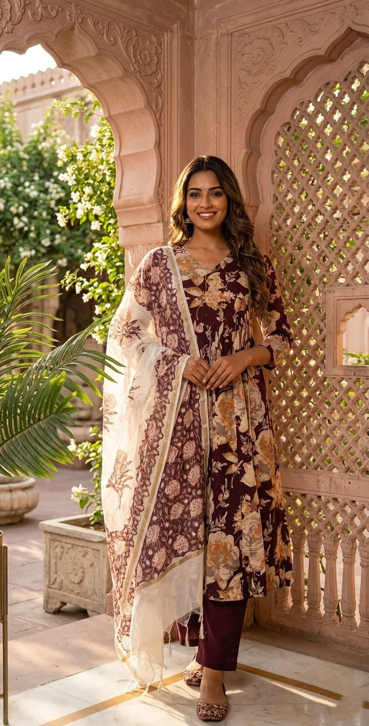 Anarkali cotton kurta set with dupatta (Floral Maroon )