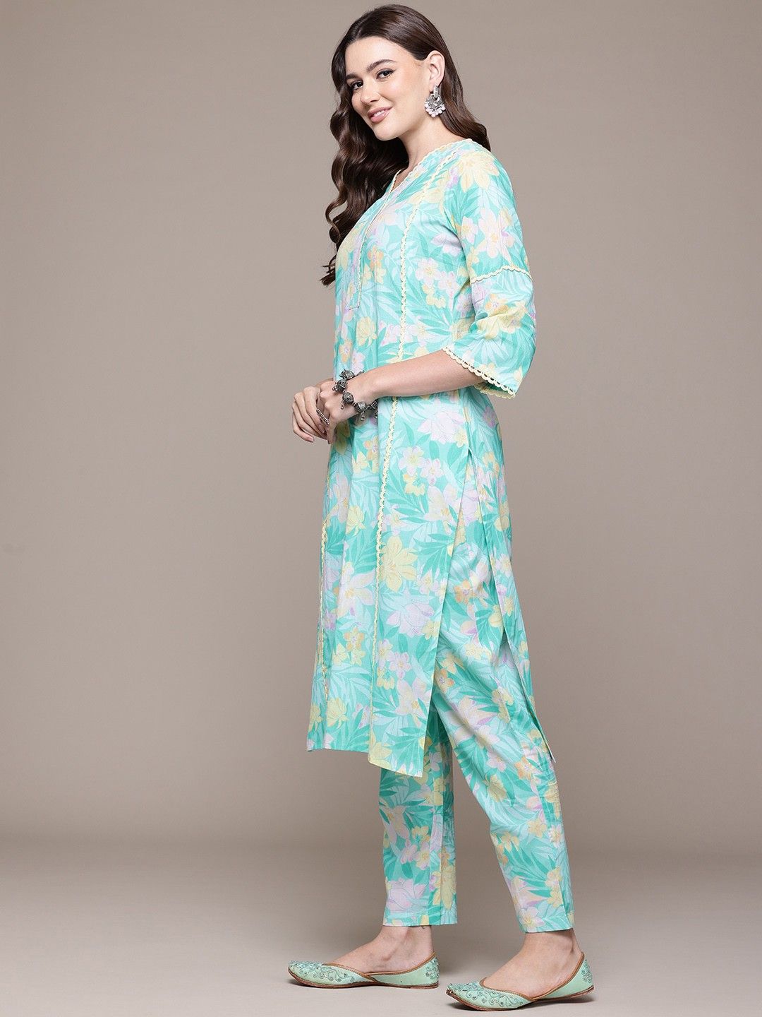 Straight style cotton sea green kurta set