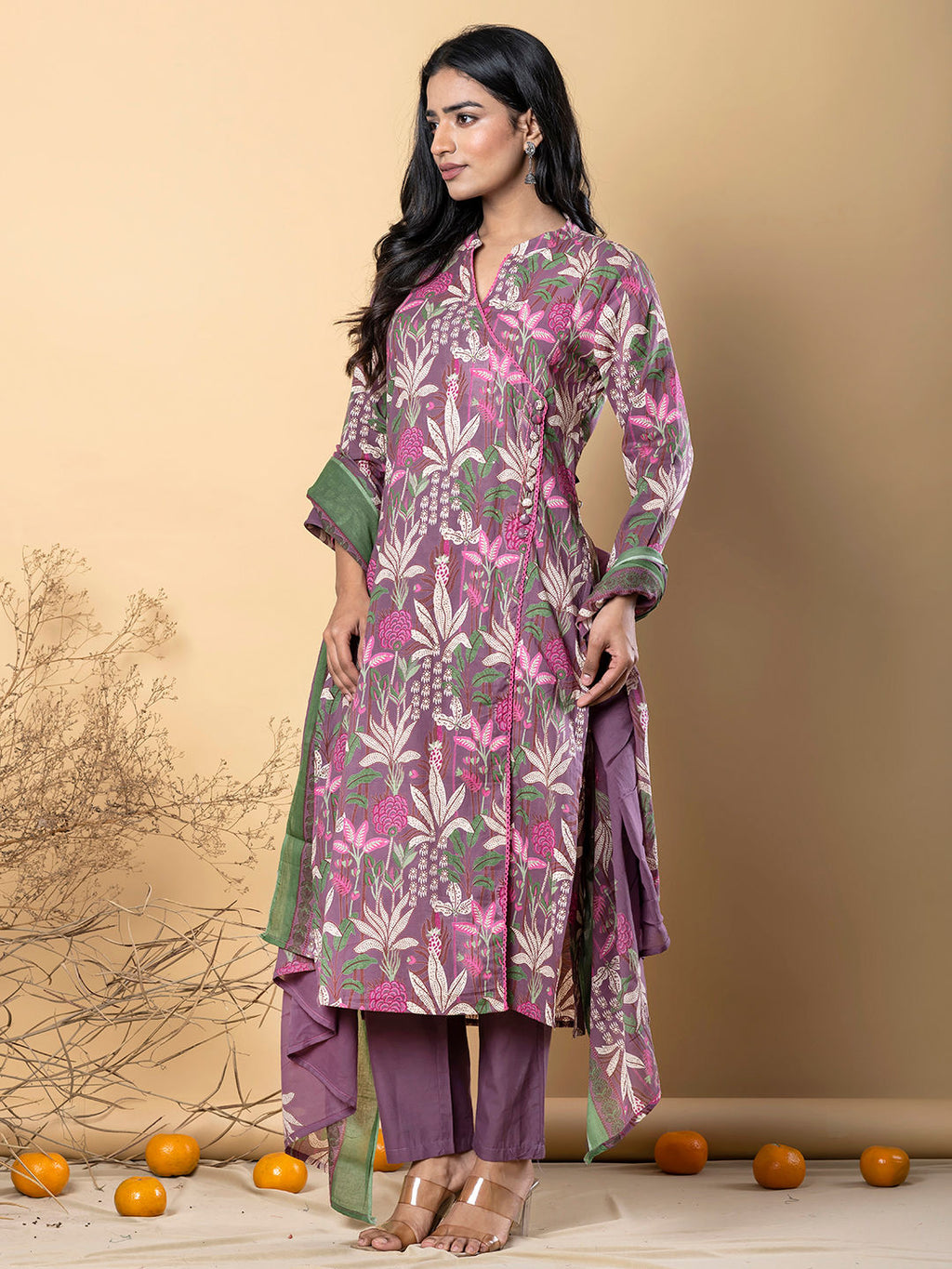 Angrakha style cotton purple kurta set with dupatta