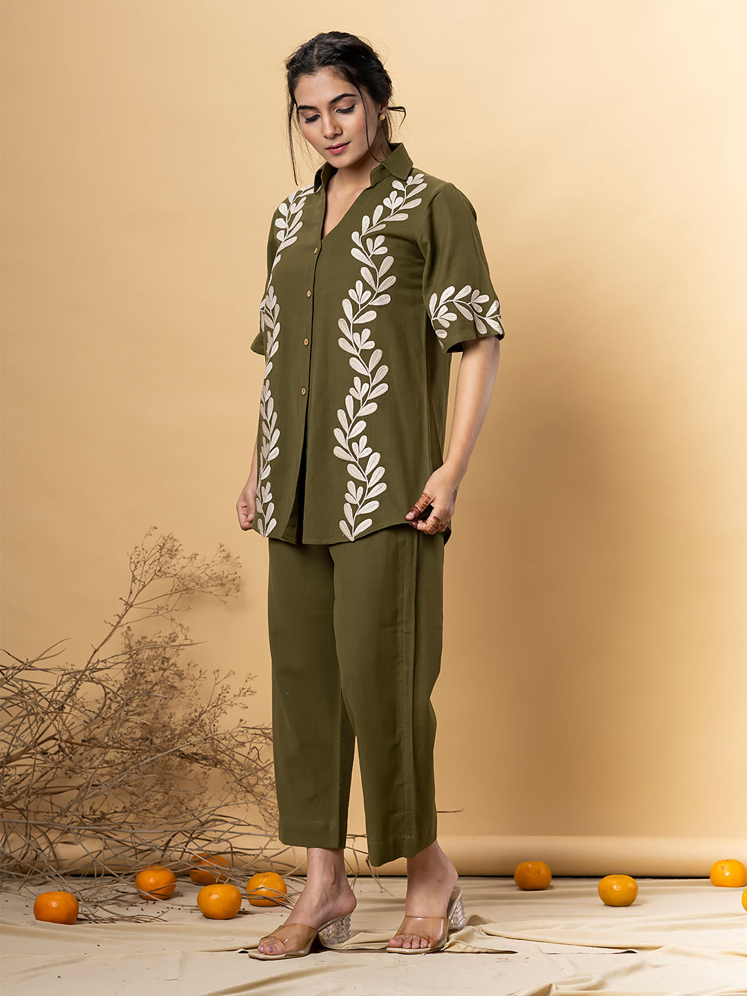 Shirt style cotton flex olive color co-ord set