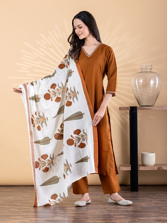 Straight style cotton kurta with dupatta (Brown)