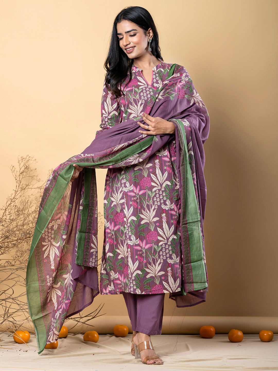 Angrakha style cotton purple kurta set with dupatta