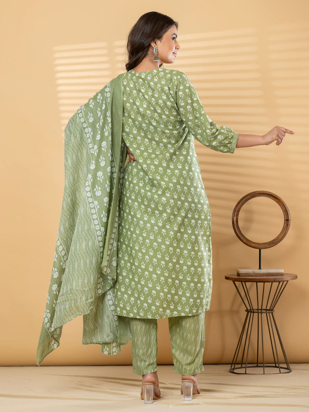 Straight style cotton green kurta set with dupatta