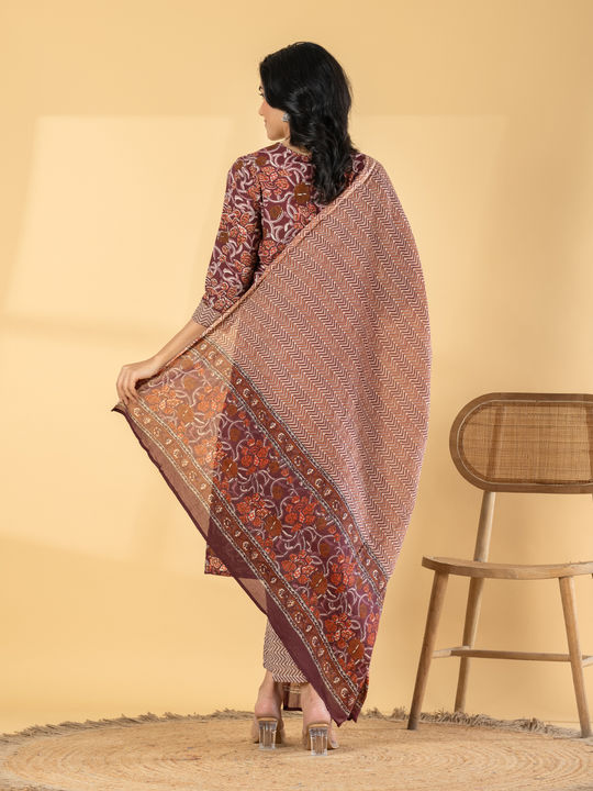 Straight style cotton maroon kurta with dupatta