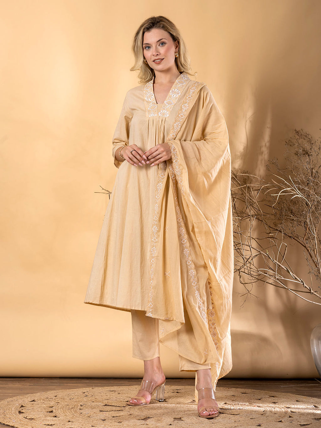Anarkali cotton kurta with dupatta (Beige)