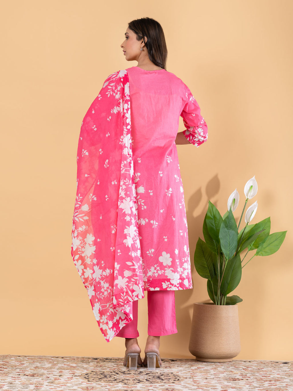 Straight style cotton pink kurta set with dupatta